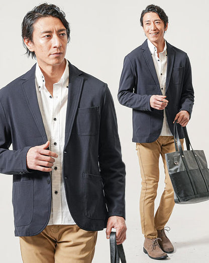 40代メンズ3点コーデセット　ネイビー長袖テーラードジャケット×白長袖シャツ×ベージュスキニーテーパードチノパンツ