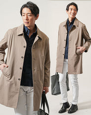 3点コーデセット ベージュステンカラーコート×ネイビー長袖シャツ×白スキニーテーパードチノパンツ