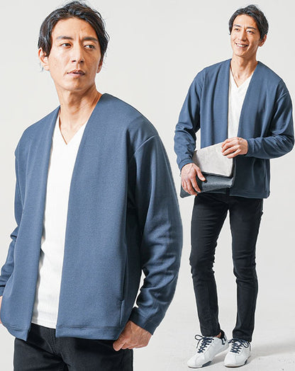 40代メンズ3点コーデセット　ブルー長袖カーディガン×白長袖Tシャツ×黒テーパードチノパンツ
