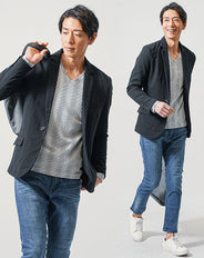 40代メンズ3点コーデセット 黒長袖テーラードジャケット×白長袖Tシャツ×ダークブルーテーパードアンクルデニムパンツ