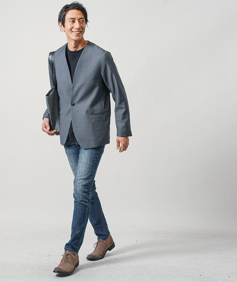 40代メンズ3点コーデセット　グレー長袖ノーカラージャケット×黒長袖Tシャツ×スリムインディゴデニムパンツ