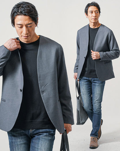 40代メンズ3点コーデセット　グレー長袖ノーカラージャケット×黒長袖Tシャツ×スリムインディゴデニムパンツ