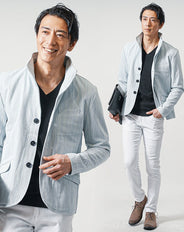 40代メンズ3点コーデセット　サックス長袖デニムジャケット×黒長袖Tシャツ×白スリムテーパードチノパンツ