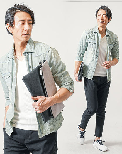 40代メンズ夏の3点コーデセット　サックス7分袖デニムシャツ×白7分袖Tシャツ×黒スリムテーパードチノアンクルパンツ