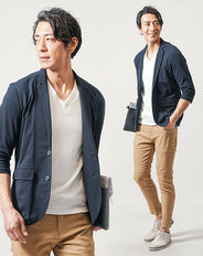 40代メンズ夏の3点コーデセット　ネイビー7分袖テーラードジャケット×白7分袖Tシャツ×ベージュスリムアンクルチノパンツ