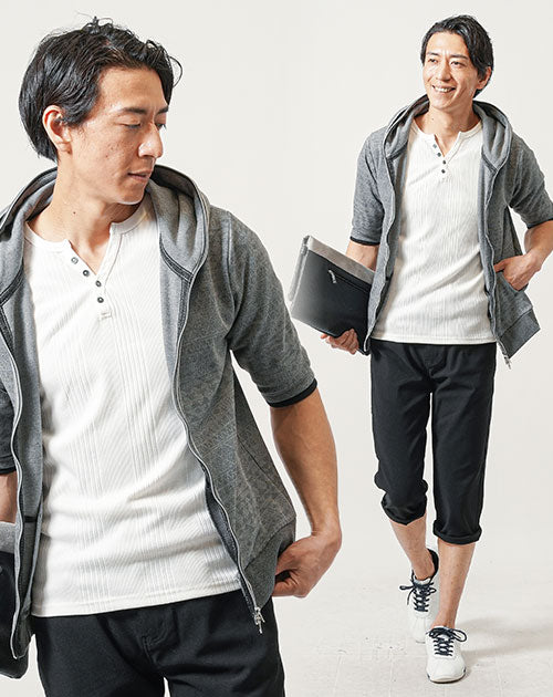 40代メンズ夏の3点コーデセット グレー5分袖パーカー×白7分袖Tシャツ