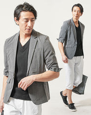 50代メンズ3点コーデセット　グレー5分袖テーラードジャケット×黒7分袖Tシャツ×白スリムチノクロップドパンツ