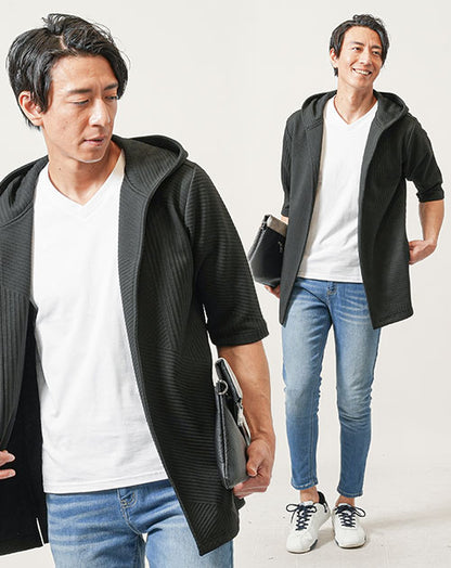 40代メンズ3点コーデセット　黒7分袖セミロングパーカー×白半袖Tシャツ×ブリーチスリムアンクルデニムパンツ