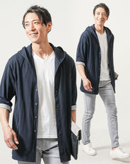 3点コーデセット　ネイビー7分袖シャツパーカー×白半袖Tシャツ×グレースリムテーパードチノパンツ