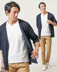 40代メンズ3点コーデセット　ネイビー5分袖カーディガン×白半袖Tシャツ×スリムベージュチノパンツ