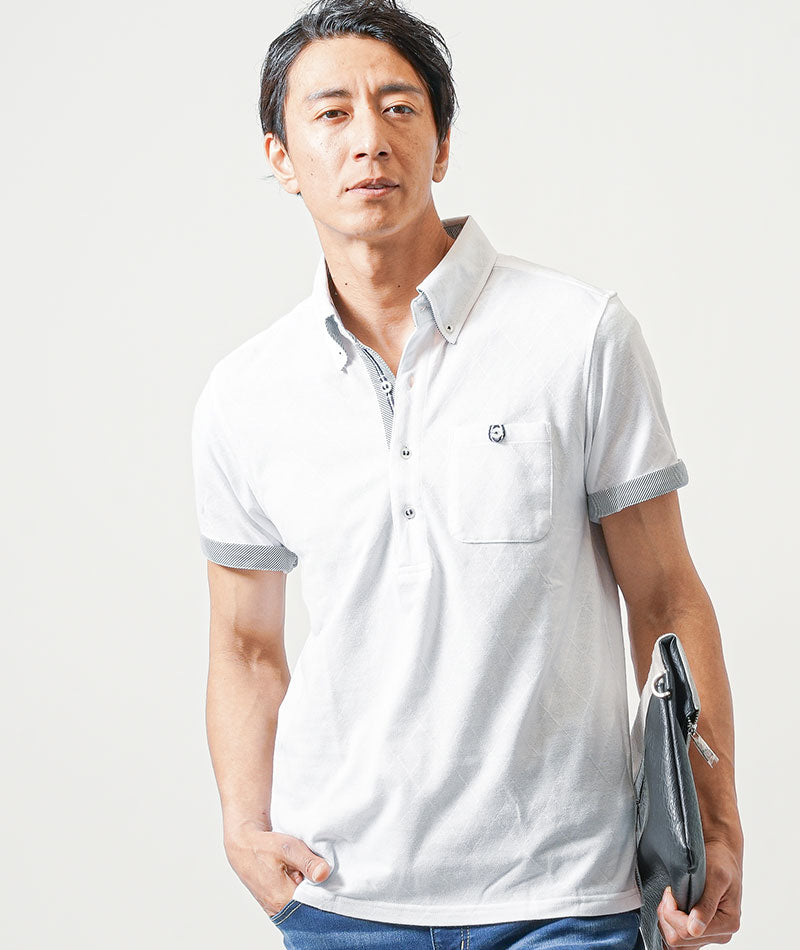 40代メンズ3点コーデセット　白半袖チェックポロシャツ×白半袖アーガイルポロシャツ×ブルーアンクルデニムパンツ