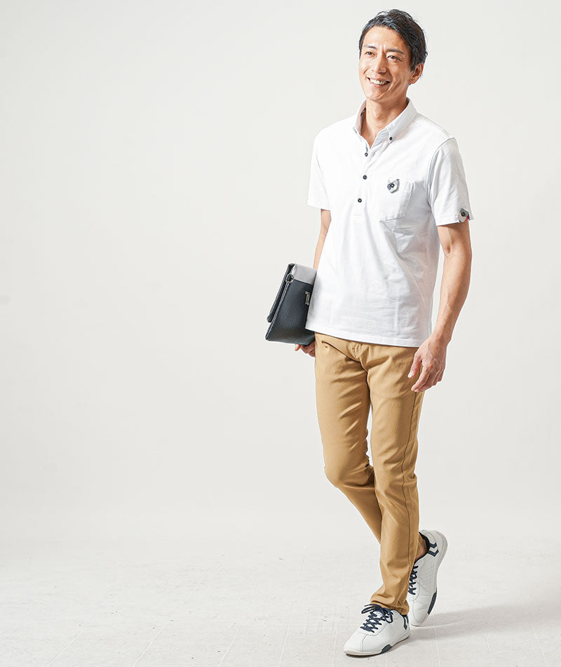 40代メンズ夏の3点コーデセット　黒半袖ポロシャツ×白半袖×ベージュスリムチノパンツ