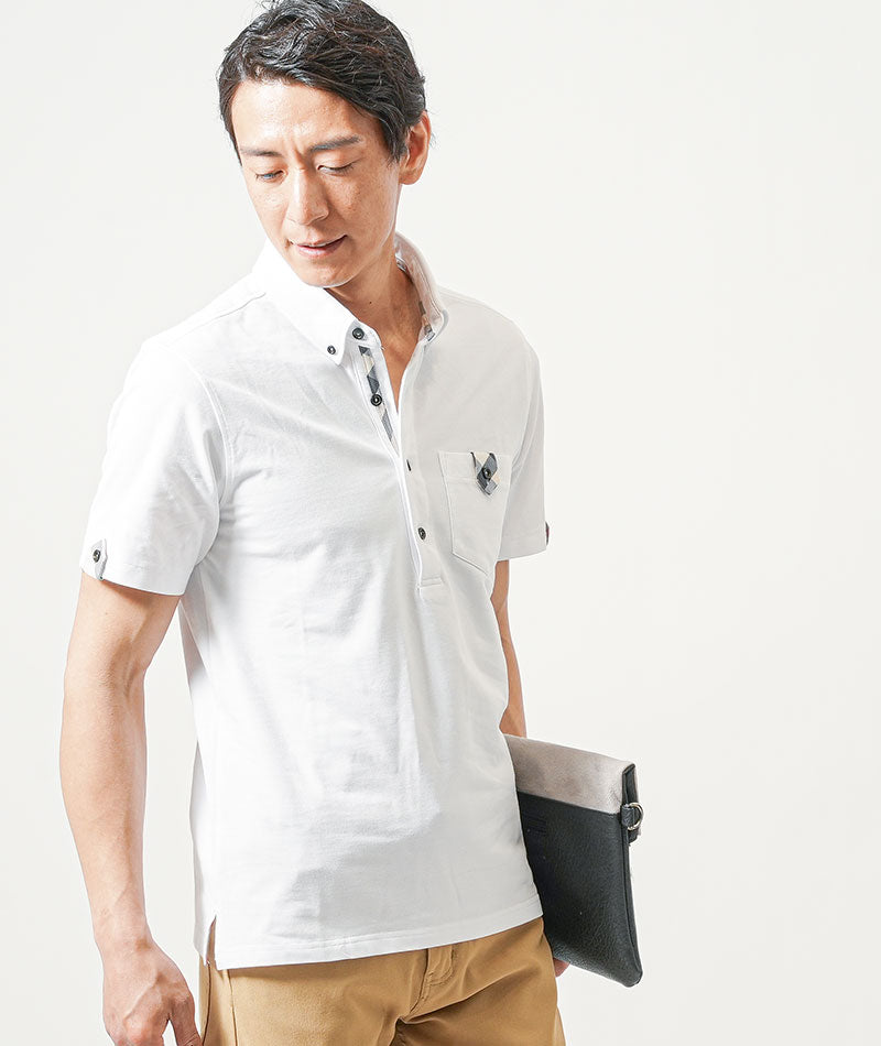 40代メンズ夏の3点コーデセット　黒半袖ポロシャツ×白半袖×ベージュスリムチノパンツ