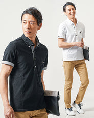 夏の3点コーデセット　黒半袖ポロシャツ×白半袖×ベージュスリムチノパンツ