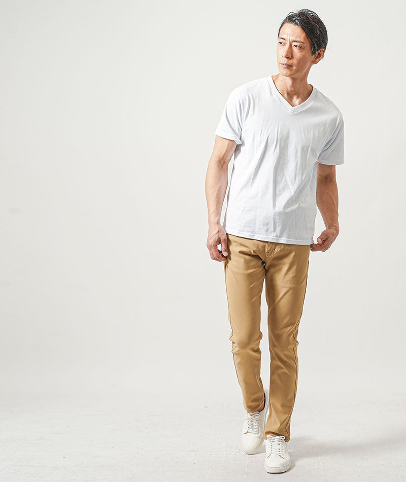40代メンズ3点コーデセット　サックス7分袖シャツ×白半袖Tシャツ×ベージュスリムチノパンツ