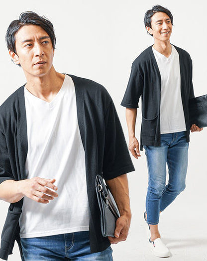 40代メンズ3点コーデセット　黒5分袖サマーカーディガン×白半袖Tシャツ×ブルーアンクルデニムパンツ