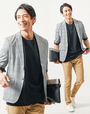 50代メンズ3点コーデセット　グレンチェック5分袖テーラードジャケット×黒半袖Tシャツ×ベージュスリムテーパードチノパンツ