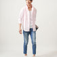 40代メンズ夏の3点コーデセット　ピンク7分袖シャツ×白タンクトップ×ブルーアンクルデニムパンツ