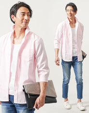 40代メンズ夏の3点コーデセット　ピンク7分袖シャツ×白タンクトップ×ブルーアンクルデニムパンツ