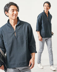 2点コーデセット　ネイビー7分袖カプリシャツ×グレーストレッチチノパンツ