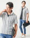 40代メンズ夏の3点コーデセット　白半袖ブルゾンジャケット×黒半袖Tシャツ×ブルーアンクルデニムパンツ