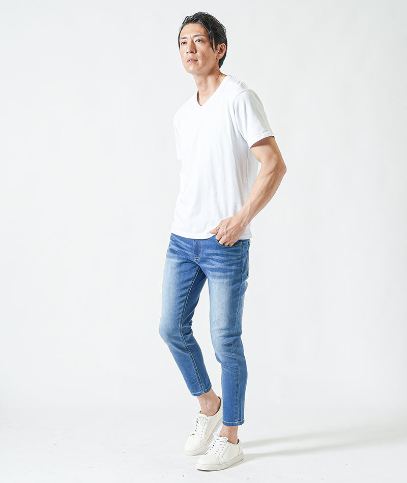 40代メンズ夏の3点コーデセット　黒7分袖ロングカーディガン×白半袖Tシャツ×ブリーチアンクルデニムパンツ