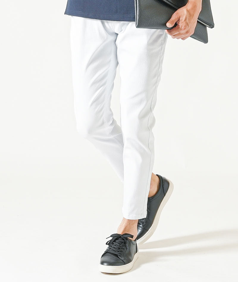 40代メンズ夏の3点コーデセット　ネイビー7分袖シャツ×サックス7分袖カプリシャツ×白ストレッチアンクルチノパンツ