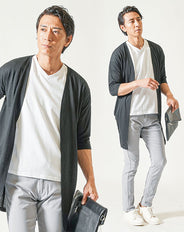 夏の3点コーデセット 黒7分袖ロングカーディガン×白半袖Tシャツ×グレーストレッチチノパンツ