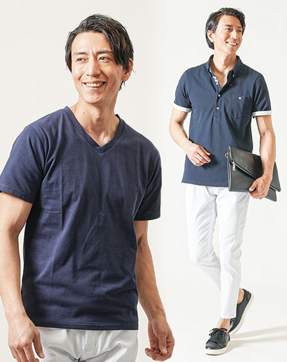 40代メンズ夏の3点コーデセット　ネイビー半袖ポロシャツ×ネイビー半袖Tシャツ×白アンクルチノパンツ