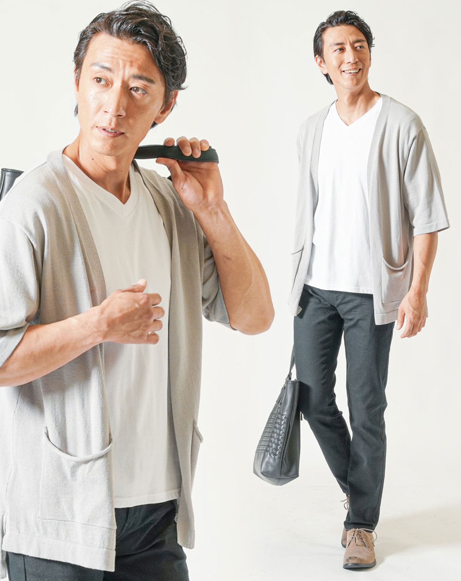 40代メンズ夏の3点コーデセット グレー5分袖サマーカーディガン×白半袖