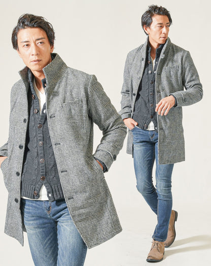 40代メンズ冬服3点コーデセット　メルトンロングコート×黒スタンドニットアウター×ネイビーストレッチデニムパンツ