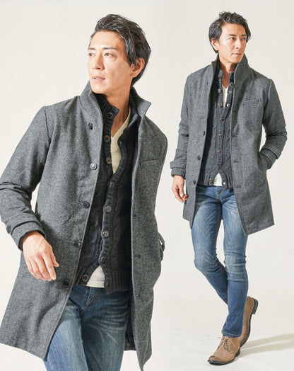 40代メンズ冬服3点コーデセット　メルトンロングコート×黒スタンドニットアウター×ネイビーストレッチデニムパンツ
