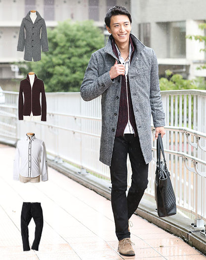 40代メンズ冬服全身4点コーデセット　グレンチェックロングコート×ワインジップアップニット×白長袖シャツ×黒スリムチノパンツ