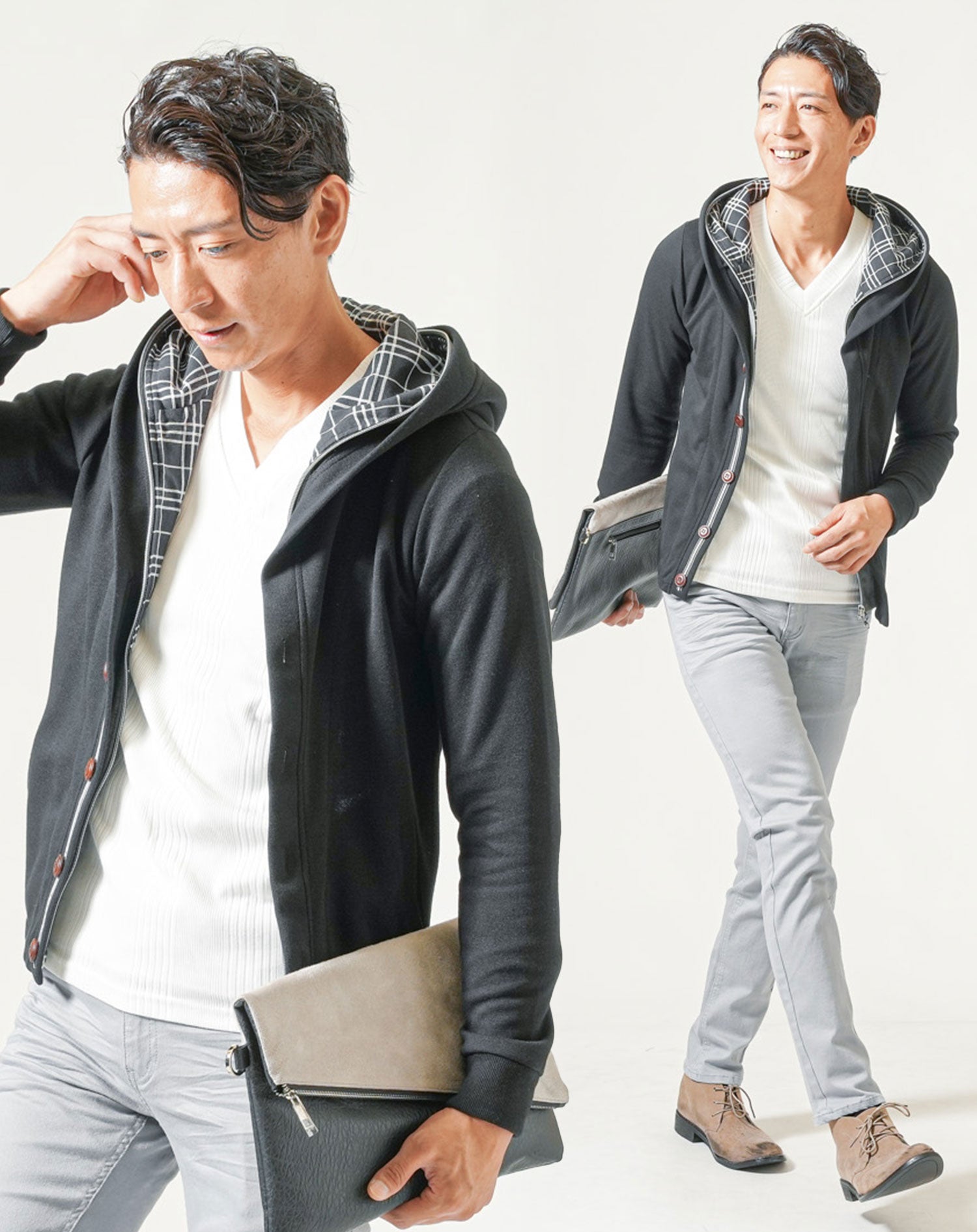 40代メンズ春服全身3点コーデセット 黒ダブルフードパーカー×白 40代メンズ春服全身3点コーデセット 黒ダブルフードパーカー×白