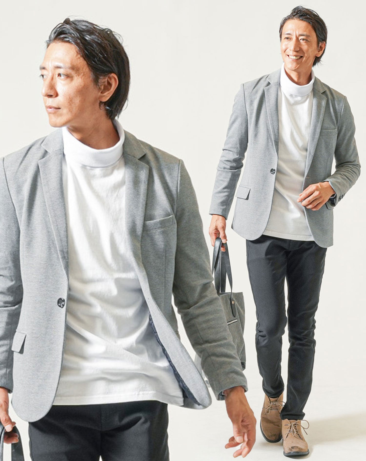 た*し様 メンズファッション 40代メンズ春服全身3点コーデセット グレーテーラードジャケット×白