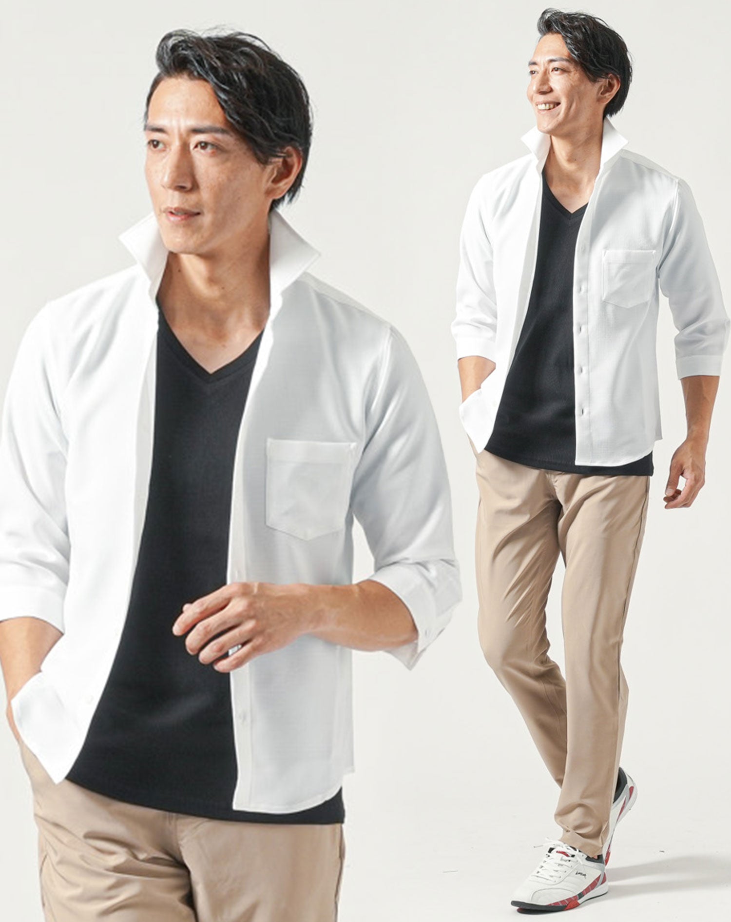40代メンズ夏服全身3点コーデセット 白7分袖シャツ×黒半袖Tシャツ