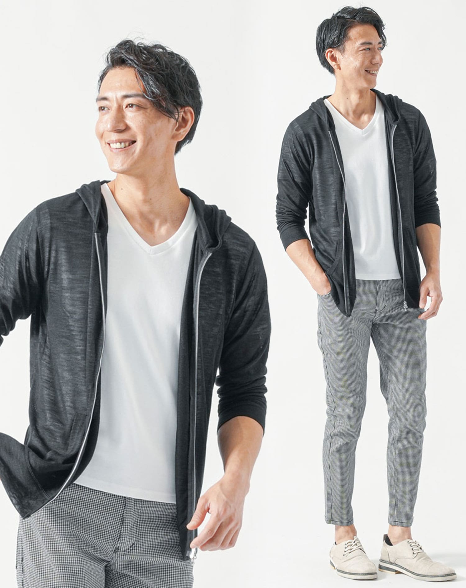 40代メンズ夏服全身3点コーデセット 黒長袖サマーニットパーカー×白