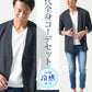 40代メンズ夏服全身3点コーデセット　黒長袖ノーカラージャケット×白半袖Tシャツ×ブルーアンクルデニムパンツ