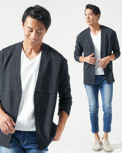 40代メンズ夏服全身3点コーデセット　黒長袖ノーカラージャケット×白半袖Tシャツ×ブルーアンクルデニムパンツ