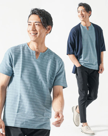 40代メンズ夏服全身3点コーデセット　ネイビー5分袖カーディガン×ブルーグレー半袖Tシャツ×黒アンクルチノパンツ