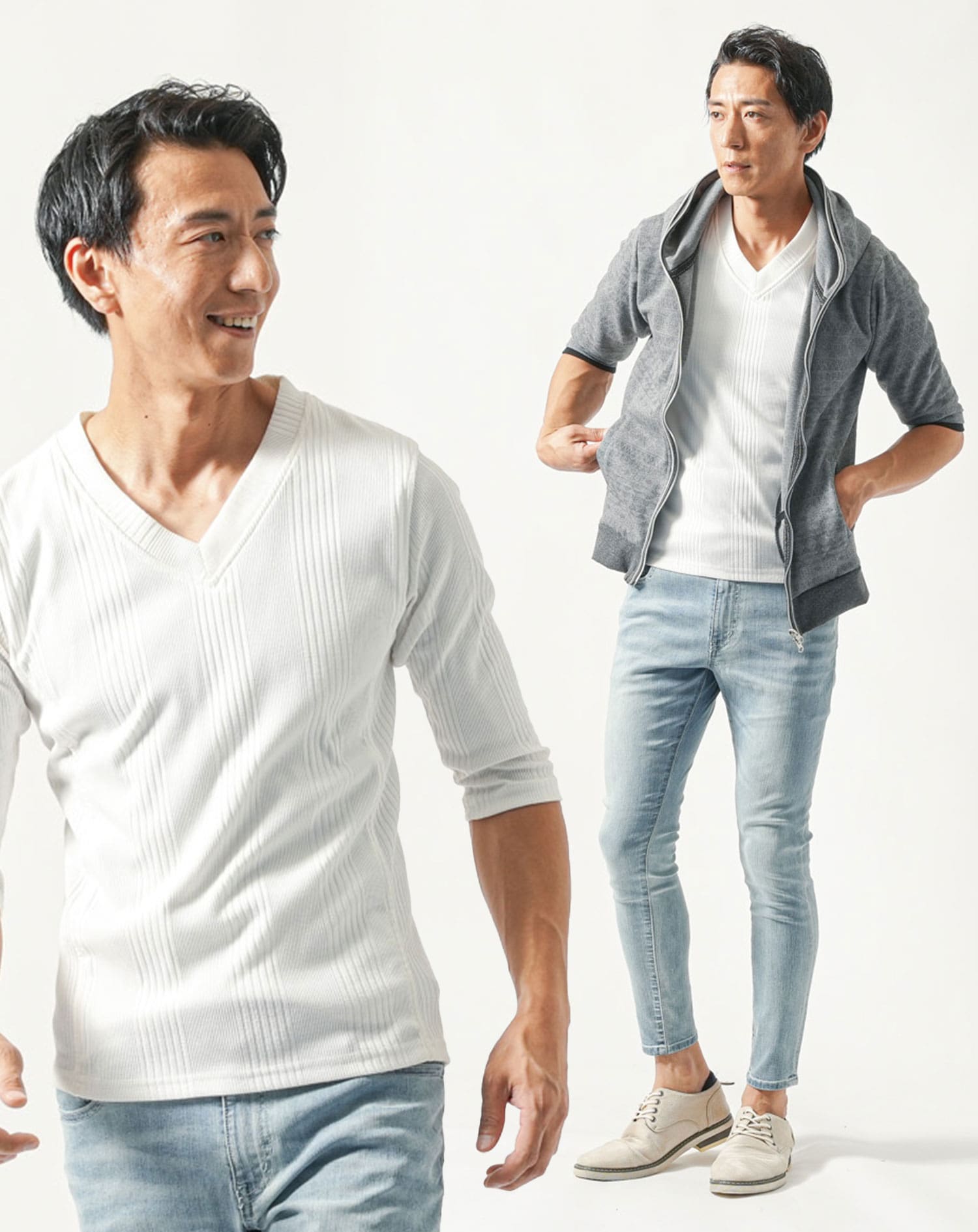 40代メンズ夏服全身3点コーデセット グレー5分袖パーカー×白7分袖Tシャツ×ブリーチアンクルデニムパンツ