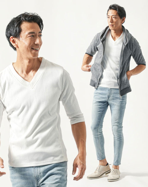 40代メンズ夏服全身3点コーデセット グレー5分袖パーカー×白7分袖Tシャツ×ブリーチアンクルデニムパンツ