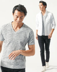 40代メンズファッション夏服全身3点コーデセット　白7分袖Tシャツ×杢黒半袖Tシャツ×黒ストレッチチノパンツ