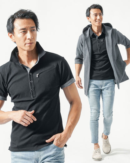 40代メンズ夏服全身3点コーデセット　チャコールグレー7分袖ロングパーカー×黒半袖ポロシャツ×ブリーチアンクルデニムパンツ