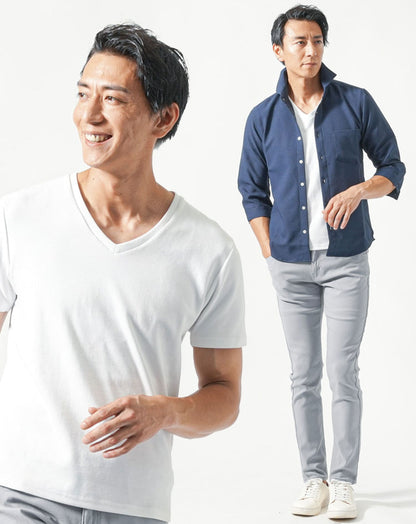 40代メンズ夏服全身3点コーデセット　ネイビー7分袖シャツ×白半袖Tシャツ×グレーストレッチチノパンツ 40代 マネキン買い 夏服 接触冷感 冷感 涼しい 上着 カットソー チノパン スリム 細身 全身 男性 デート 服装 コーディネート アウター インナー ズボン ボトムス 大きいサイズ