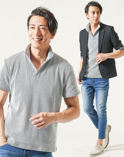 40代メンズ夏服全身3点コーデセット　黒5分袖テーラードジャケット×白半袖ポロシャツ×ブルーアンクルデニムパンツ