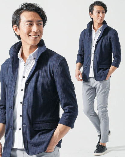 40代メンズ夏服全身3点コーデセット　ネイビー7分袖ジャケット×白半袖シャツ×グレーアンクルチノパンツ