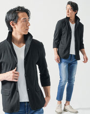 40代メンズ夏服全身3点コーデセット　黒7分袖ジャケット×白半袖Tシャツ×ブルーアンクルデニムパンツ
