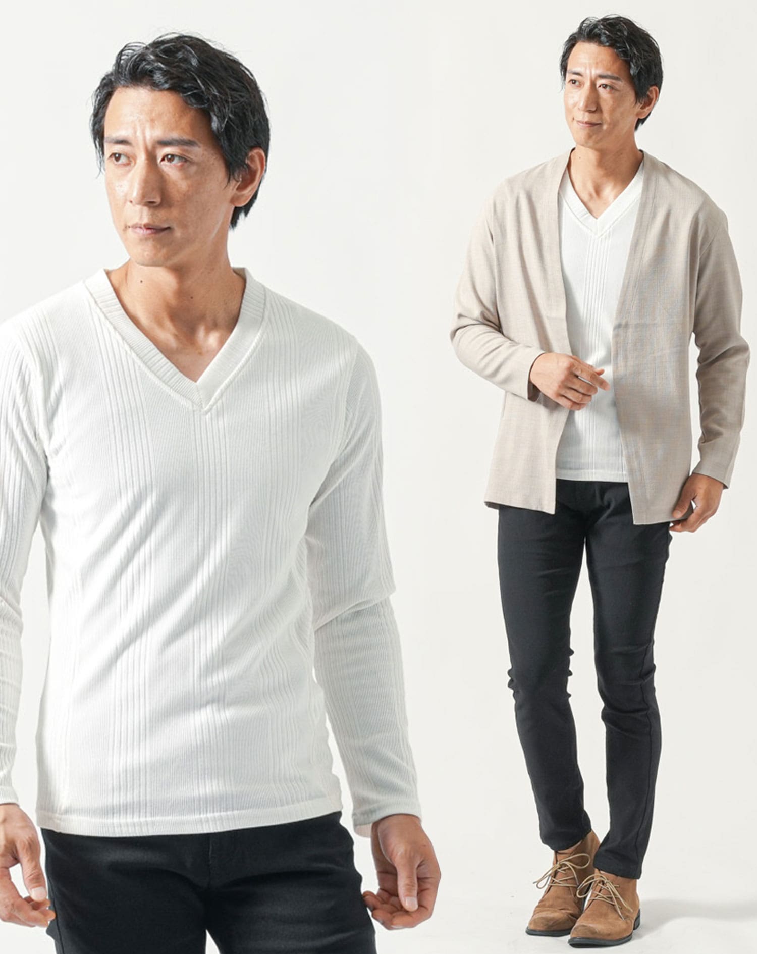 40代メンズ全身3点コーデセット ベージュ長袖ノーカラージャケット×白