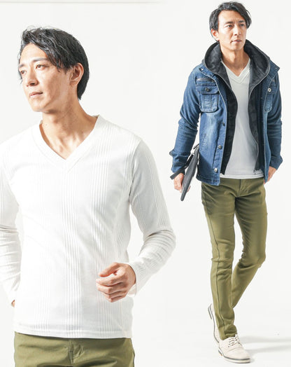 40代メンズ全身3点コーデセット　インディゴデニムジャケット×白長袖Tシャツ×カーキストレッチチノパンツ 40代 秋服 春服 マネキン買い 上着 Gジャン ブルゾン パーカー カットソー チノパン スリム 細身 全身 男性 デート 服装 コーディネート アウター インナー ズボン ボトムス ちょいワル イケオジ カジュアル